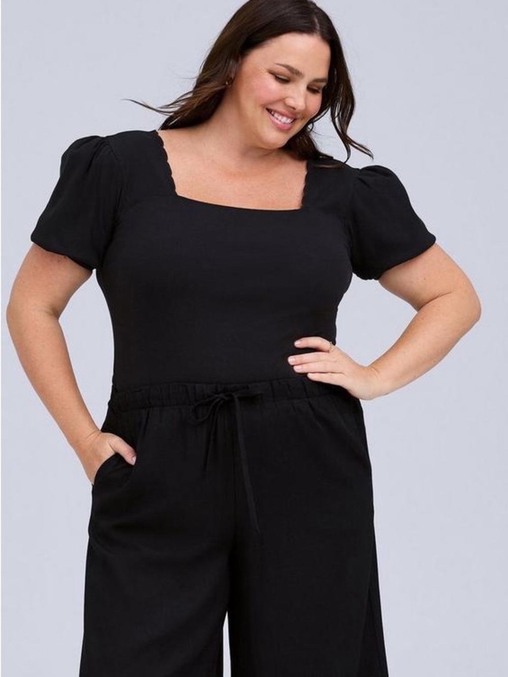 torrid Black Square Neck Puff Sleeve Top - Scalloped Edge size large